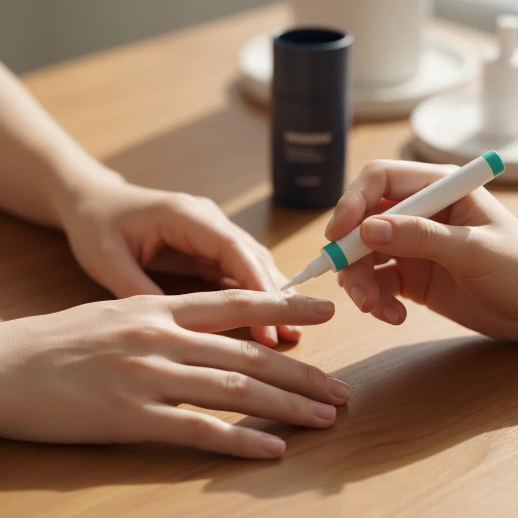 Applying Orivelle-pen nail health supplement pen to fingernail daily routine